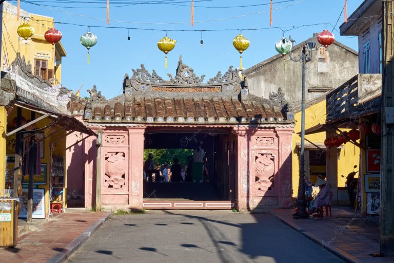 Entrance to the Japanese Covered Bridge (Cau Nhat Ban) from Tran Phu in Hoi An Old Town, Vietnam