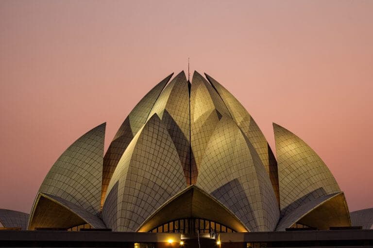 Bahá'í House of Worship at twilight in Delhi, India