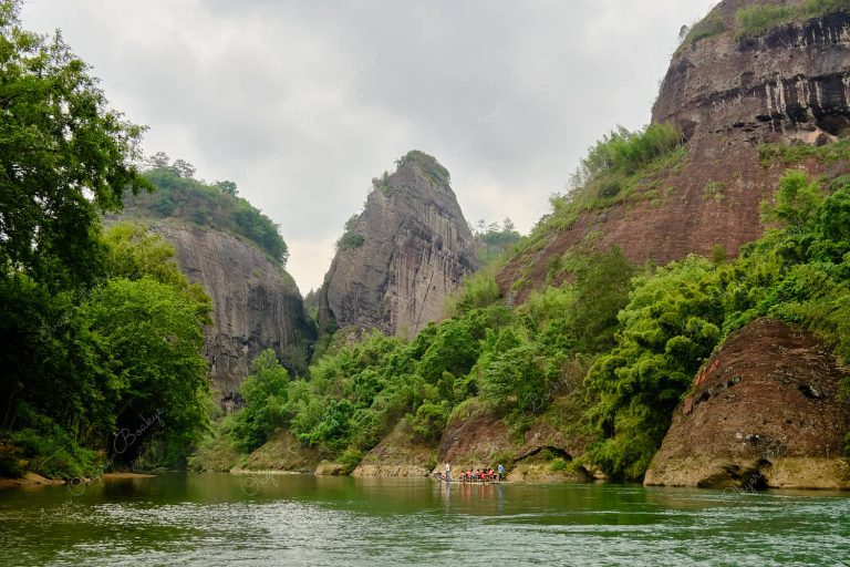 Rocky mountain landscape and Nine Bend River in Wuyishan, China