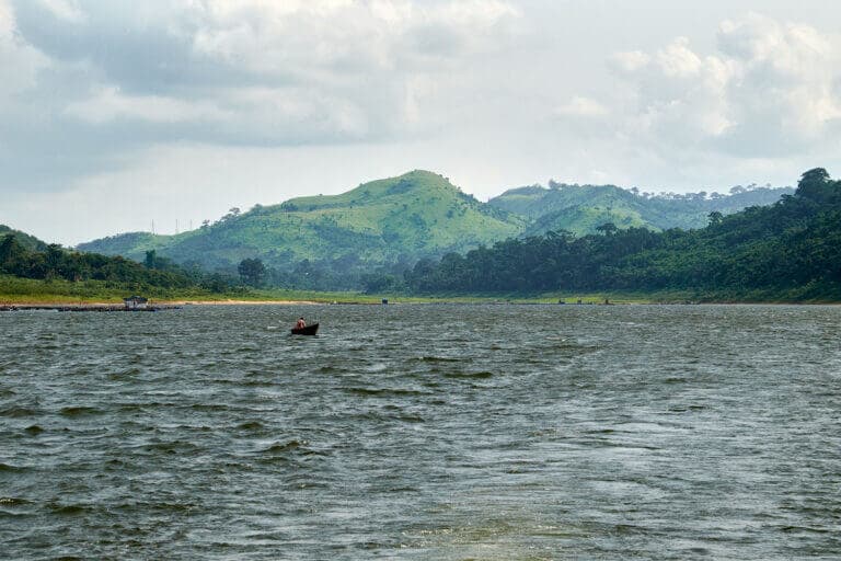 The stunning lush green landscape and waters of Lake Volta Akosombo Ghana