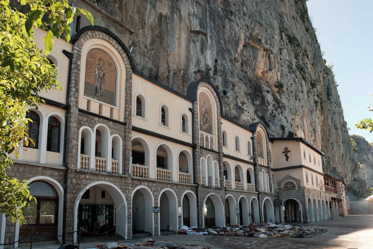 The cliffside façade of the Upper Ostrog Monastery (Gornji Manastir), Montenegro