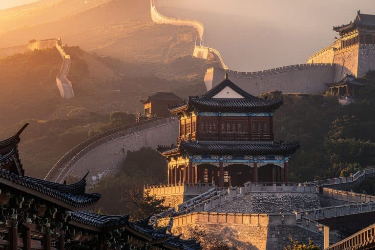 China AI landscape with Chinese temple and Great Wall of China