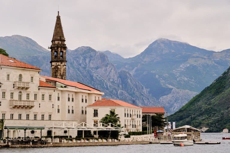 View of Church of Saint Nicholas tower and Perast mountains, Montenegro