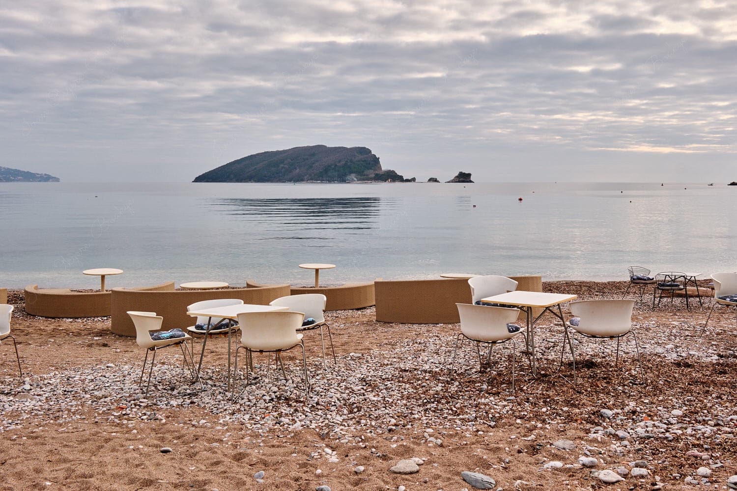 The golden sands of Budva beach seascape view, Montenegro The golden sands of Budva beach seascape view, Montenegro