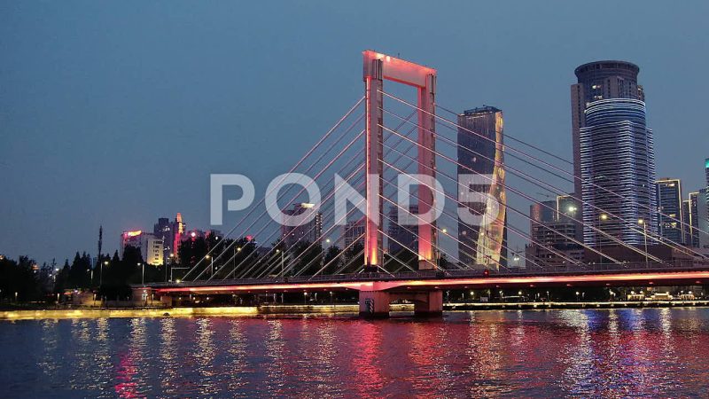 Old Bund Illuminated Bridge And Skyscraper At Night, Ningbo, China