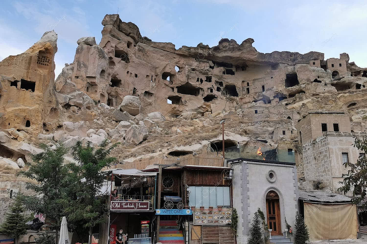 Old Turkish Home cafe restaurant at bottom of fairy chimney ruins in Cappadocia, Turkey