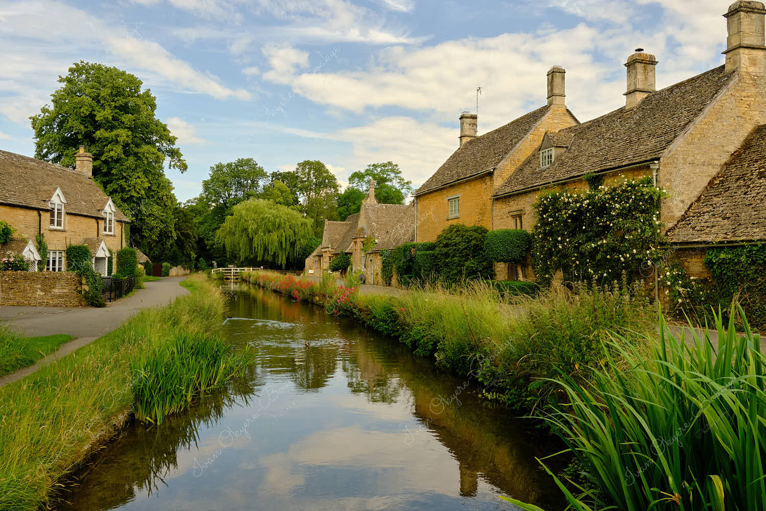 Traditional English stone cottages along the picturesque River Eye in Bourton on the Water, Cotswolds, Gloucestershire, England, UK