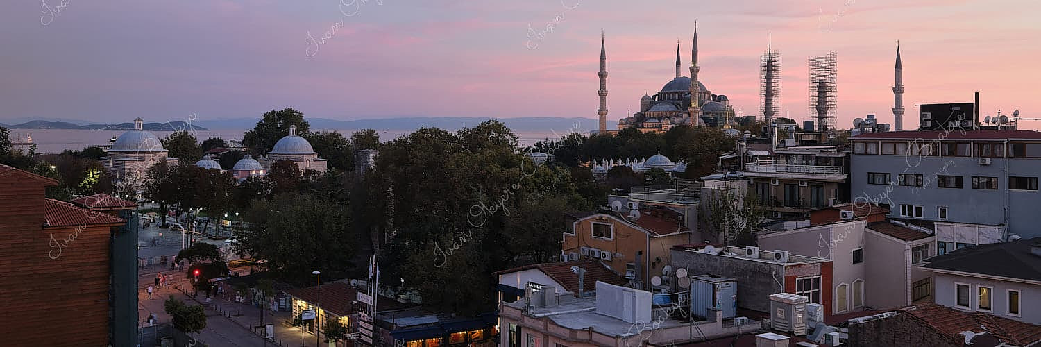 Panoramic view of the Blue Mosque at sunset, Istanbul, Turkey