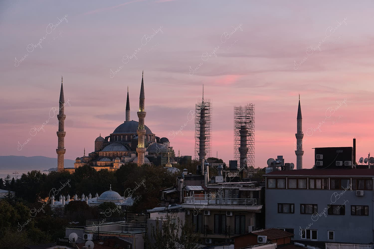Panoramic view of the Blue Mosque at sunset, Istanbul, Turkey