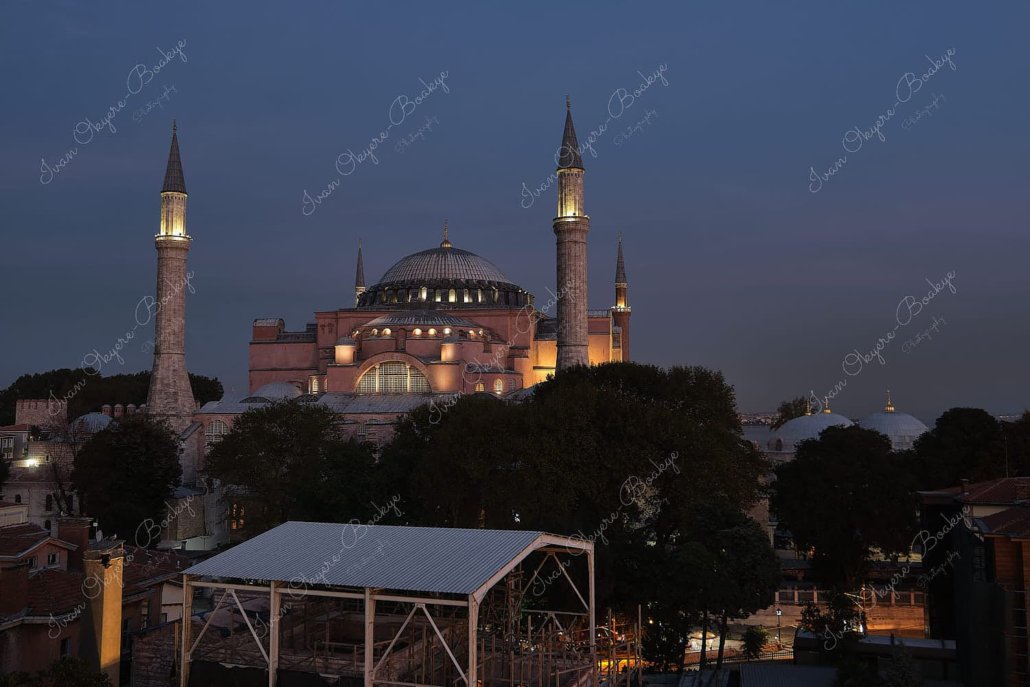 High viewpoint of the Hagia Sophia at dusk, Istanbul, Turkey