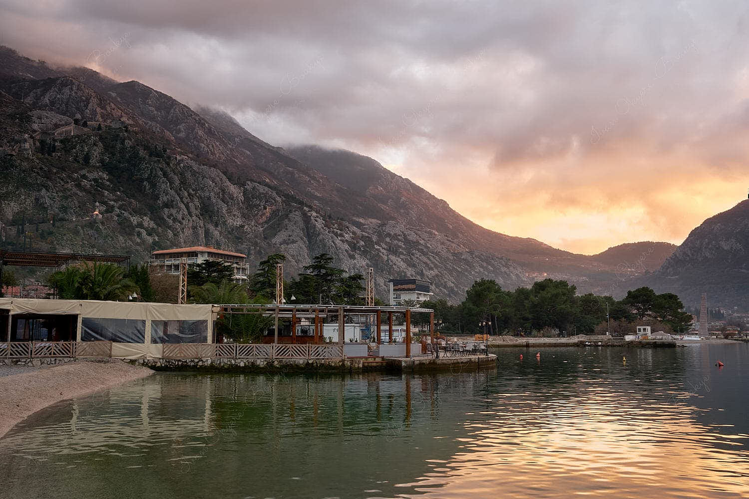Sunset view of Kotor Bay and mountains, Kotor, Montenegro