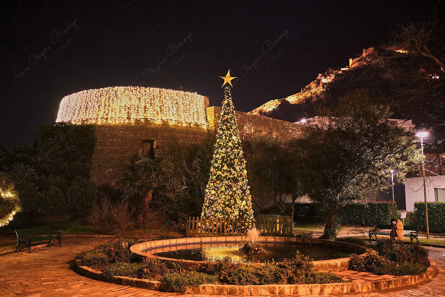 Night view of Kampana Tower and mountains, Kotor, Montenegro