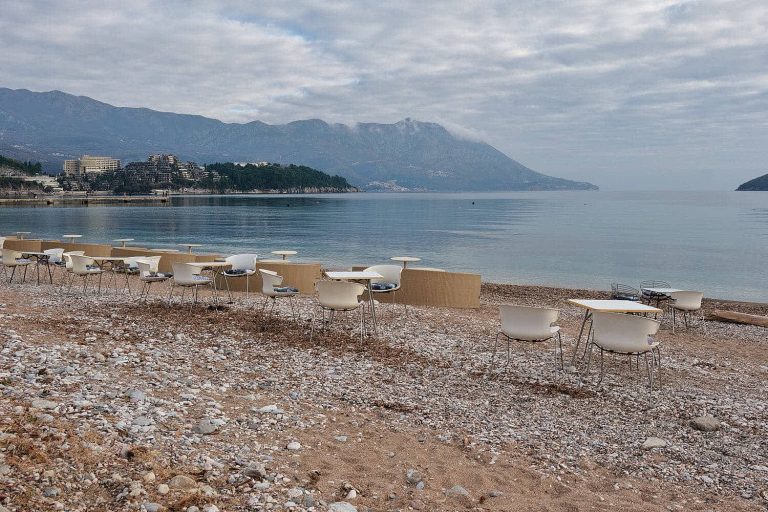View of the beautiful sands and turquoise waters at Budva beach, Budva,  Montenegro