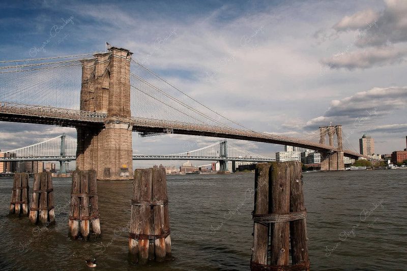 Groynes in the East River leading up to Brooklyn Bridge, New York, America