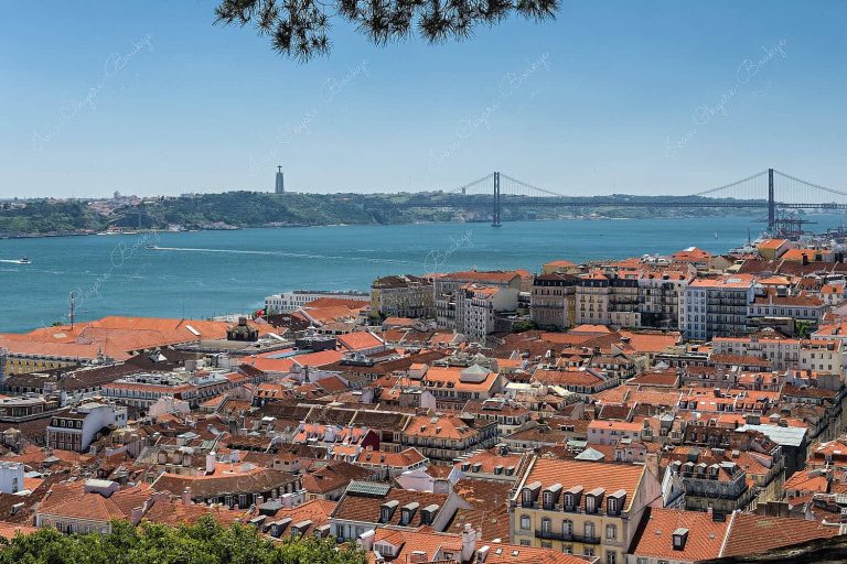 View of Cristo Rei statue and Ponte 25 de Abril, Lisbon, Portugal