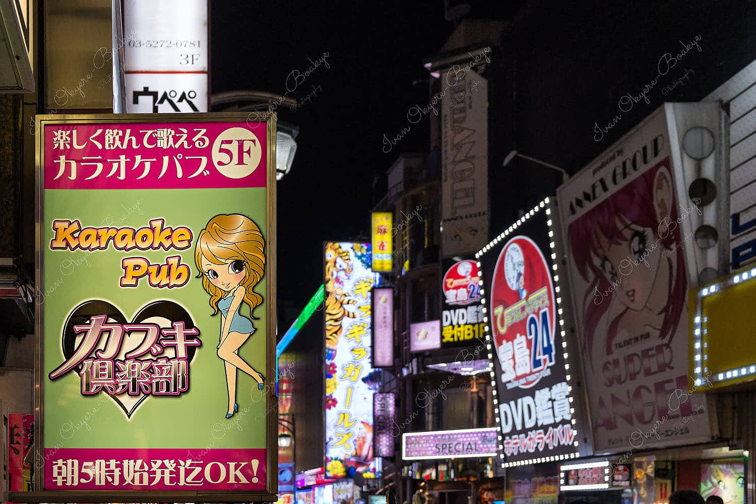 Karaoke pub sign in the neon advertising lit night landscape of bars and restaurants in Shinjuku, Tokyo, Japan
