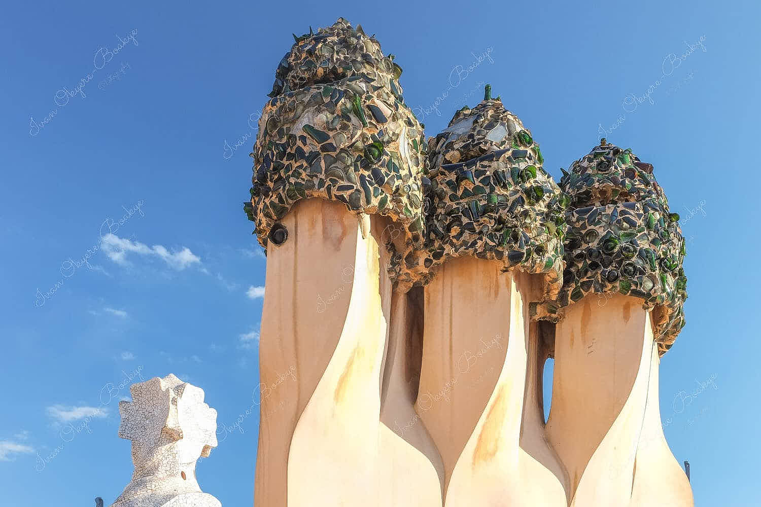 Antoni Gaudí styled chimneys on roof of La Pedrera, Barcelona, Spain
