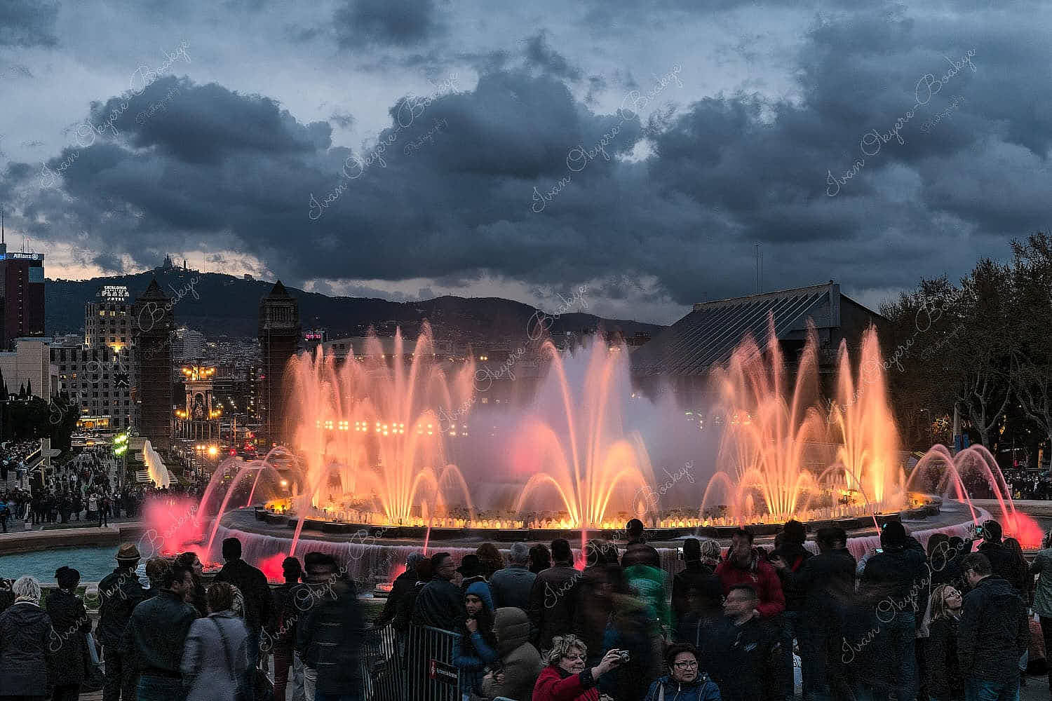 The Magic Fountain of Montjuïc illuminations at The Palau Nacional, Barcelona, Spain