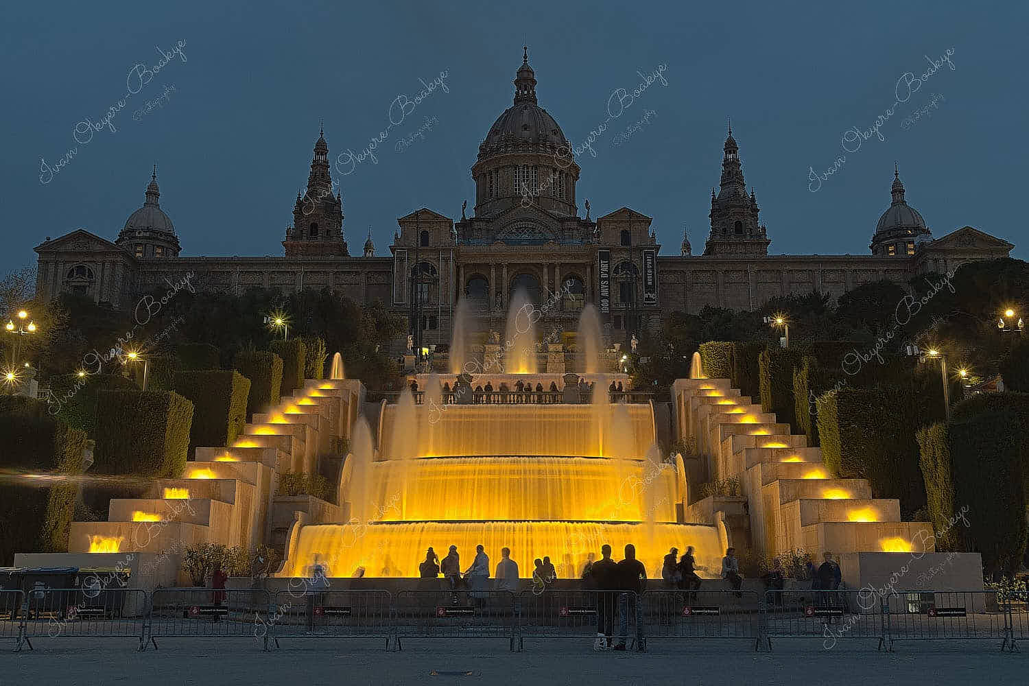 The magnificent Palau Nacional with illuminated fountains at night, Barcelona, Spain