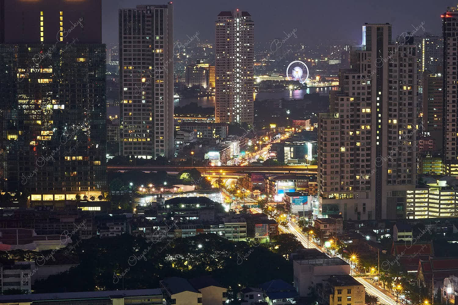 Panoramic night time view of the Bangkok skyline, Bangkok, Thailand