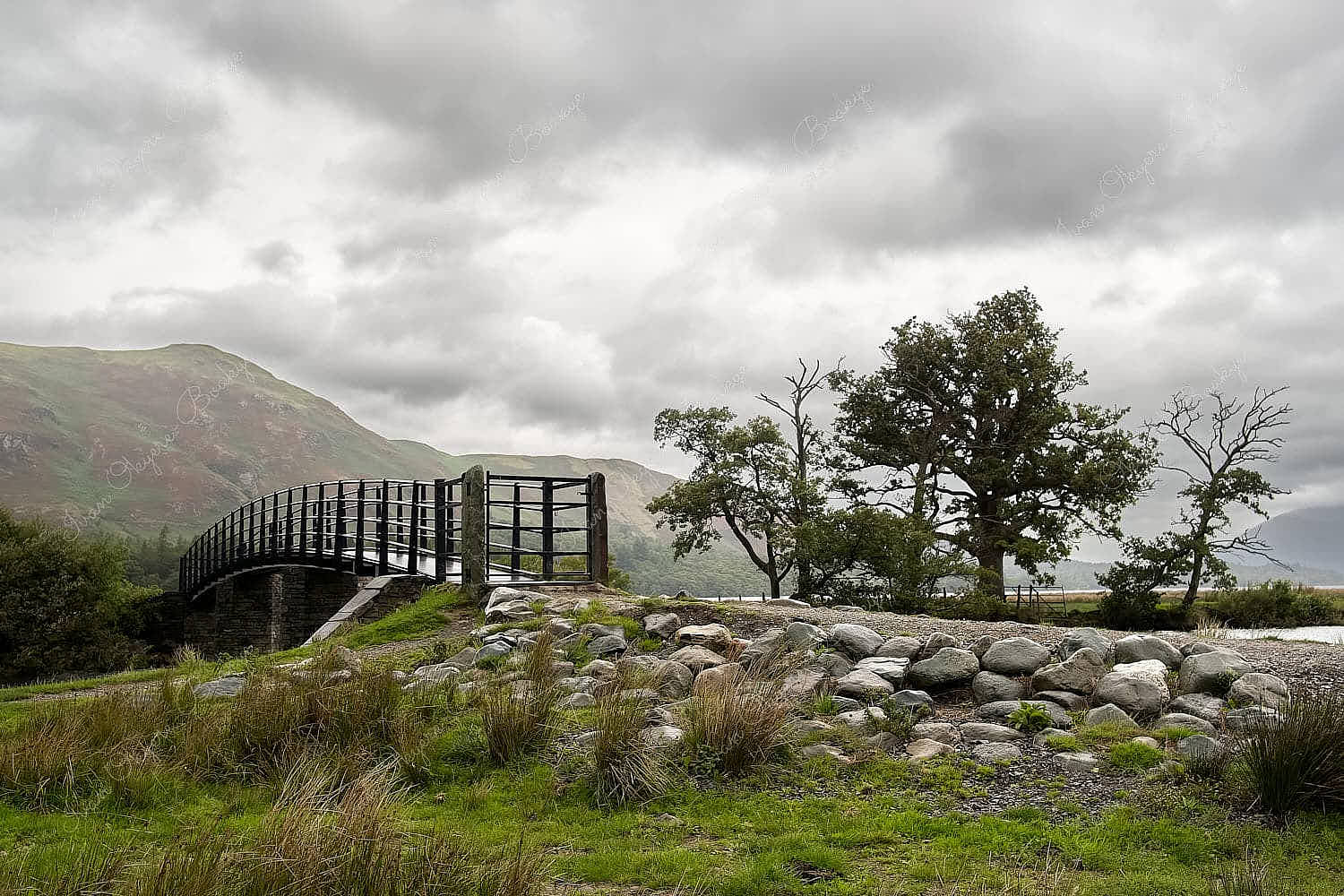 The Chinese Bridge in Borrowdale on cloudy and rainy day, Keswick, Lake District, United Kingdom