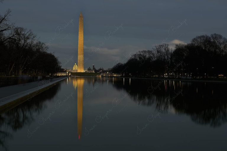 Sunset view of Washington Monument and Capitol building reflections in the Lincoln Memorial Reflecting Pool, Washington, America