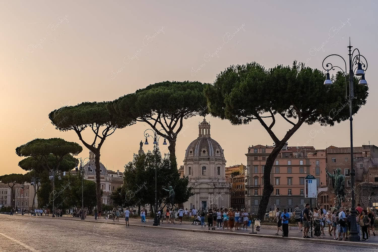 Sunset view of Le Domus Romane di Palazzo Valentini from Via dei Fori Imperiali in Rome, Italy