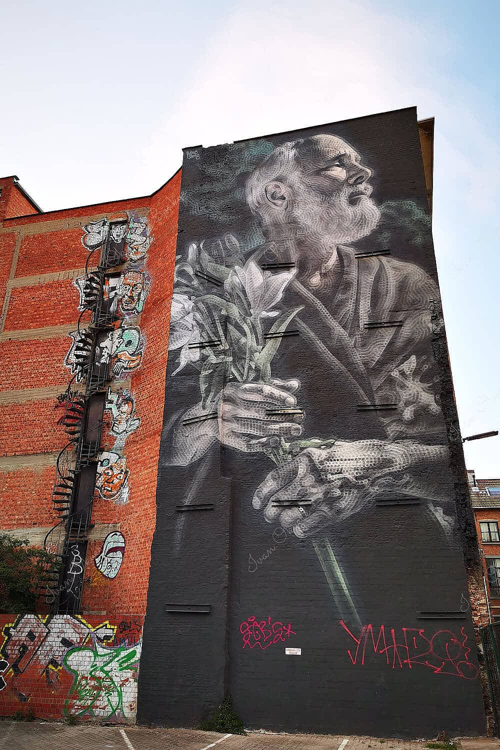 A huge street mural of an older man holding a bunch of flowers on the rear fire escape side of a tall building in Antwerp, Belgium
